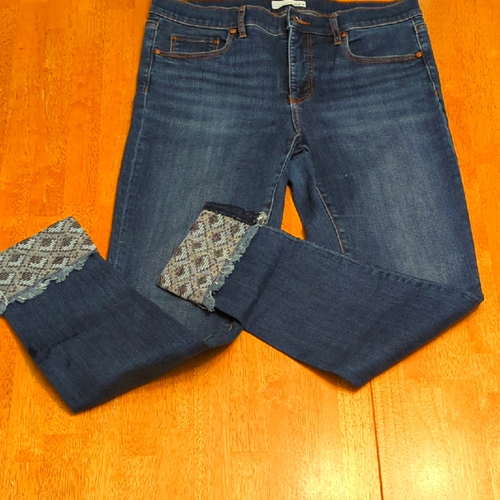 LOFT Dark Blue Cropped Jeans with Patterned Cuffs